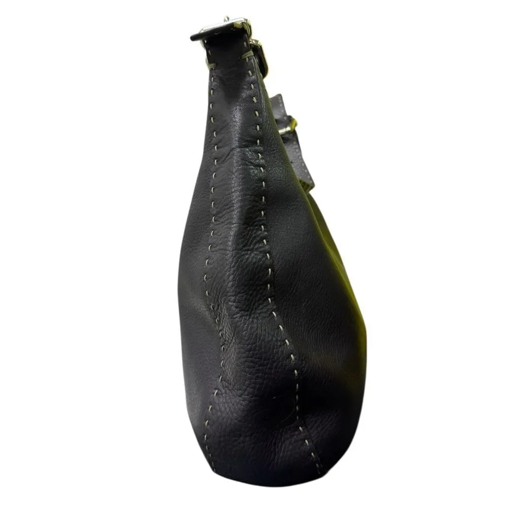 FENDI Midnight Navy Blue Selleria Leather Contrast White Top Stitching Hobo Bag